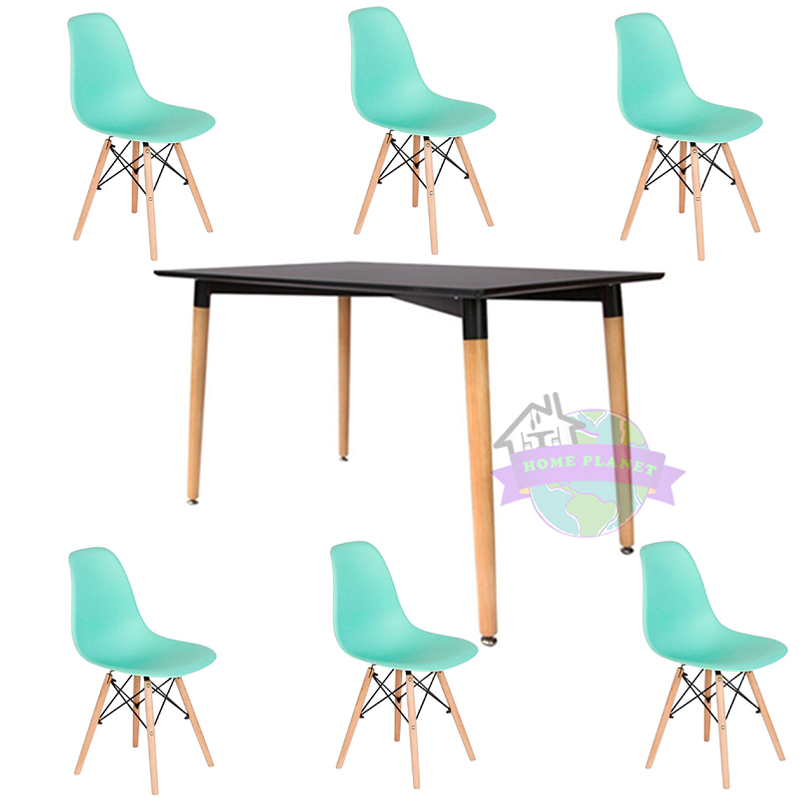 Comedor Helsinki rectangular negro y 6 Sillas Eames 5