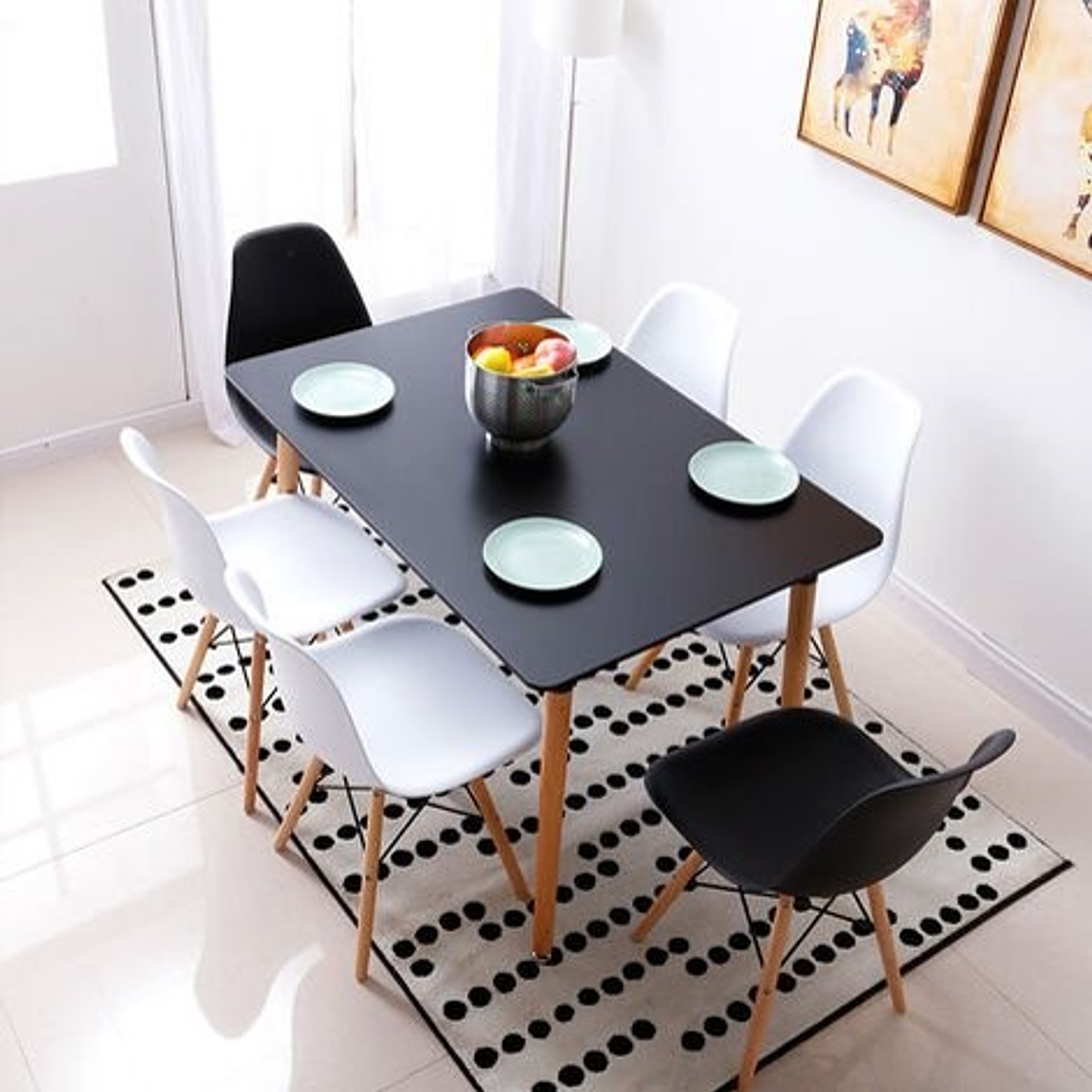 Comedor Helsinki rectangular negro y 6 Sillas Eames 1