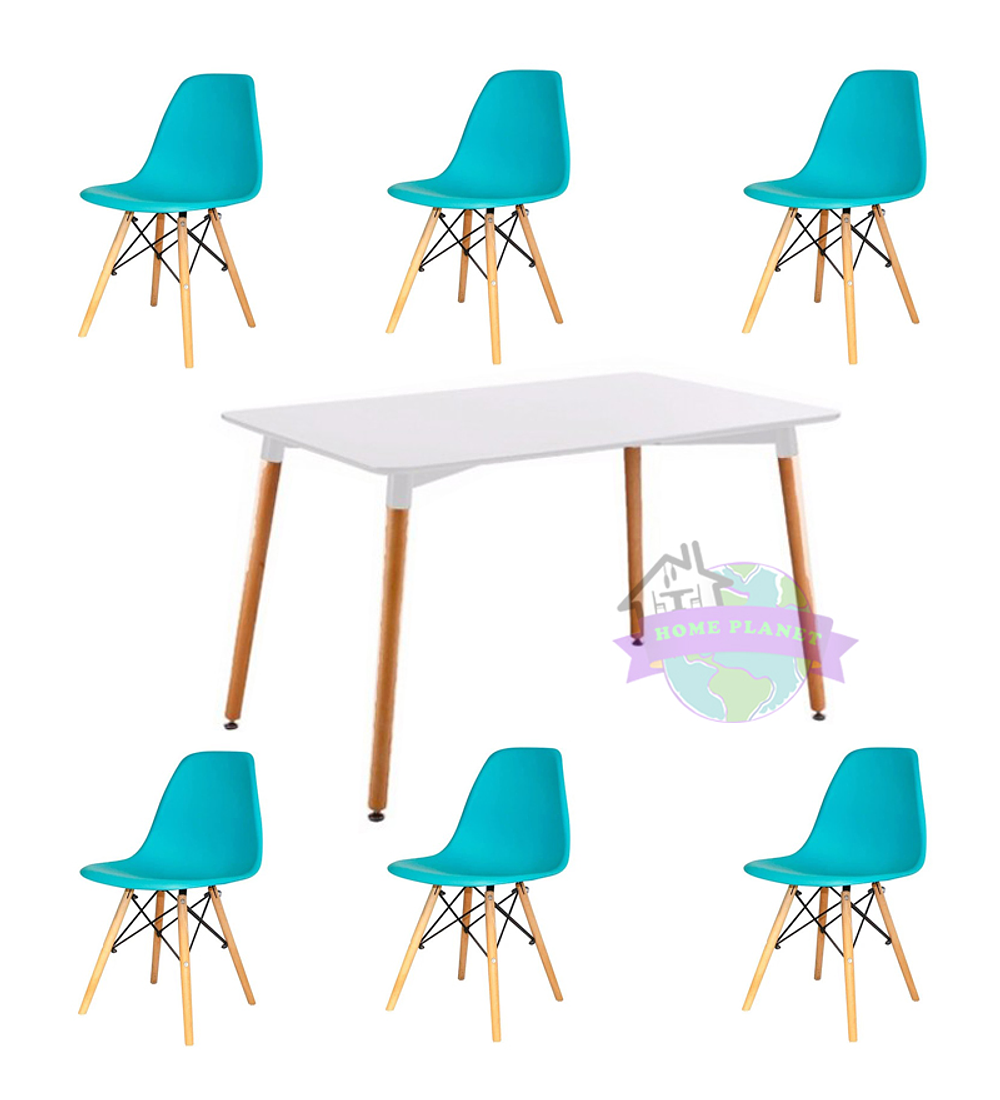 Comedor Helsinki rectangular blanco y 6 Sillas Eames