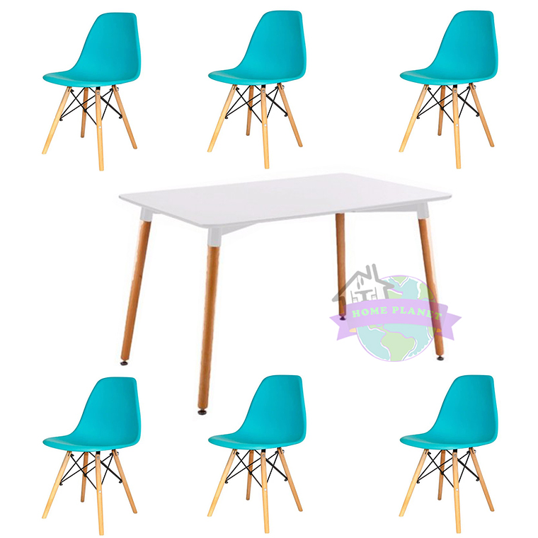 Comedor Helsinki rectangular blanco y 6 Sillas Eames 6