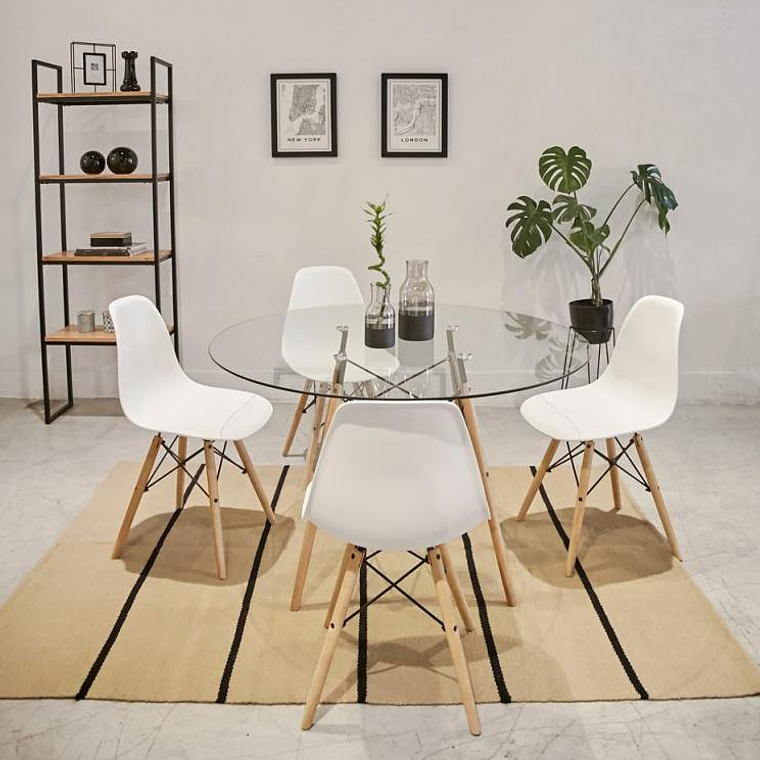 Comedor Málaga redondo vidrio 100 cm con 4 Sillas Eames 4