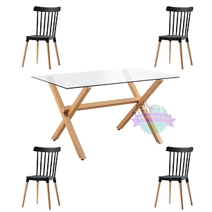 Comedor Bogotá rectangular vidrio 140x90 cm con 4 Sillas Windsor