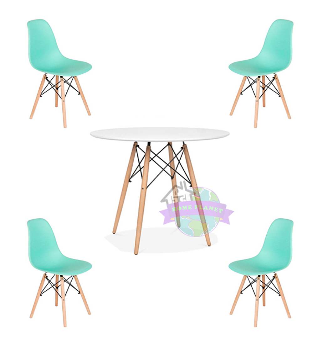 Comedor Argel redondo blanco 80 cm y 4 Sillas Eames 