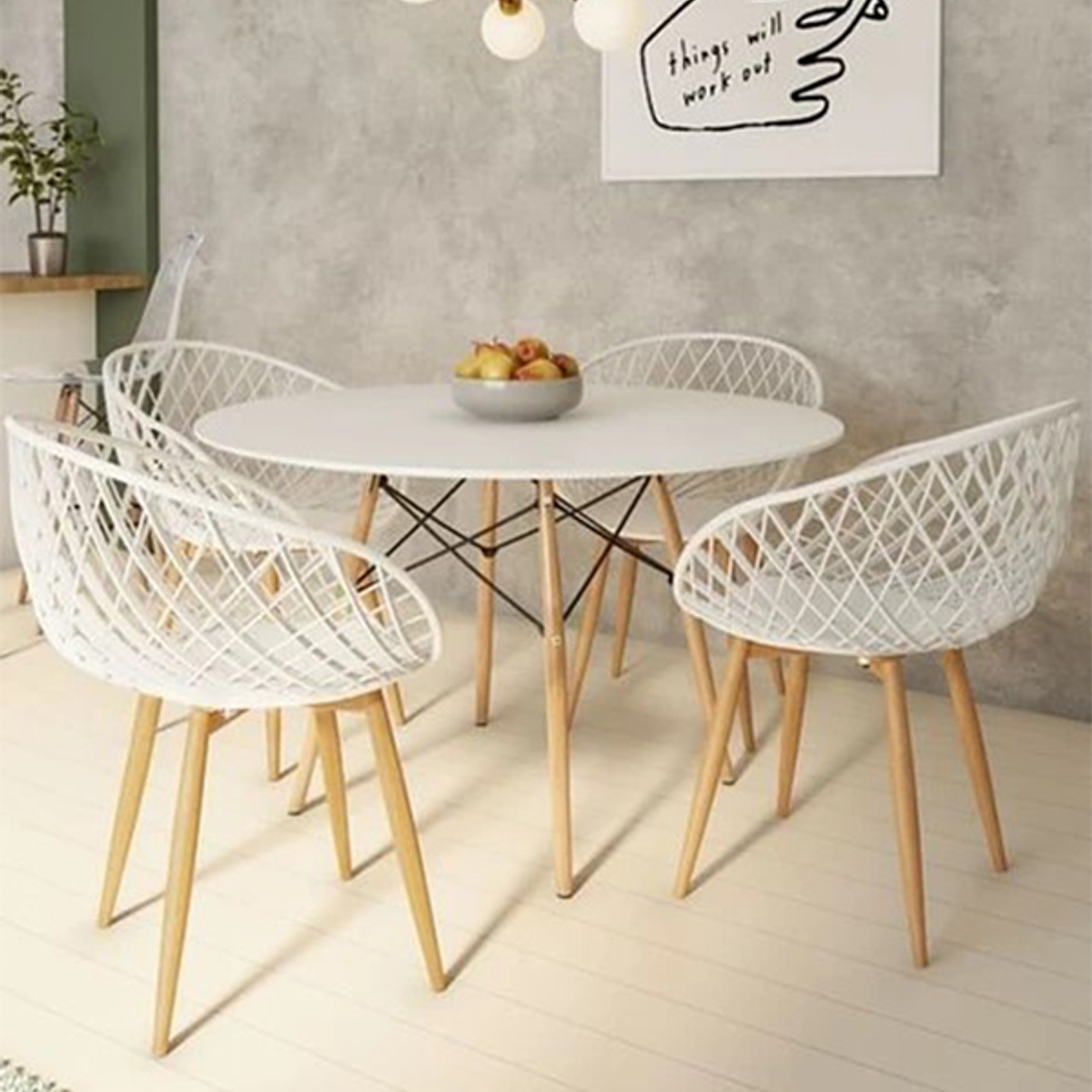 Comedor Singapur redondo blanco 100 cm con 4 Butacas Mesh 1