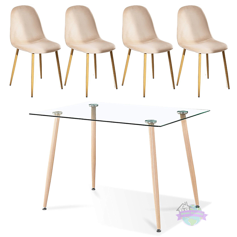 Comedor Nordic rectangular vidrio 120x80 cm con 4 Sillas Spoon Terciopelo 2