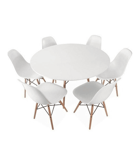 Comedor Oman redondo blanco 120 cm con 6 Sillas Eames