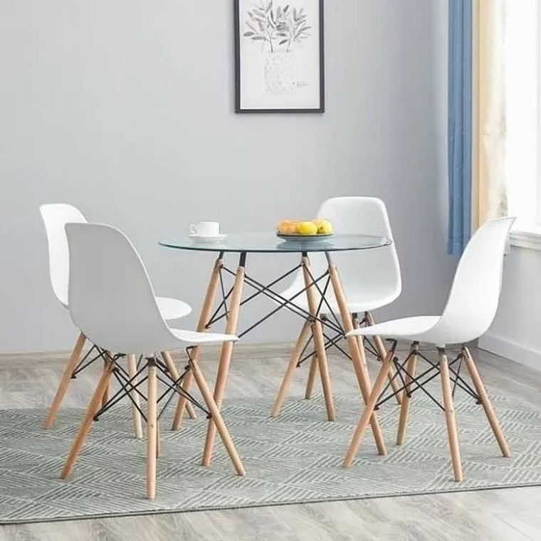 Comedor Málaga redondo vidrio 80 cm con 4 Sillas Eames 1