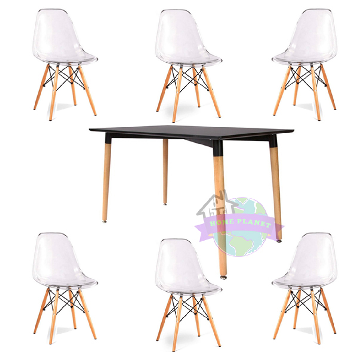 Comedor Manila rectangular con 6 Sillas Eames transparentes 2