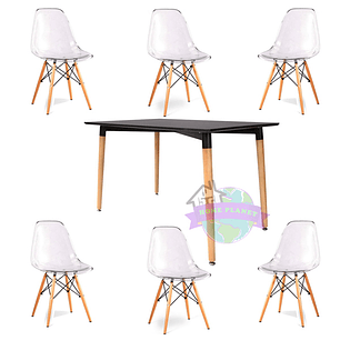 Comedor Manila rectangular con 6 Sillas Eames transparentes