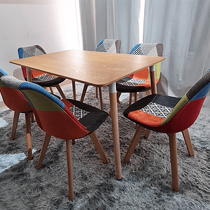 Comedor Bremen rectangular madera con 6 Sillas Patchwork 2.0