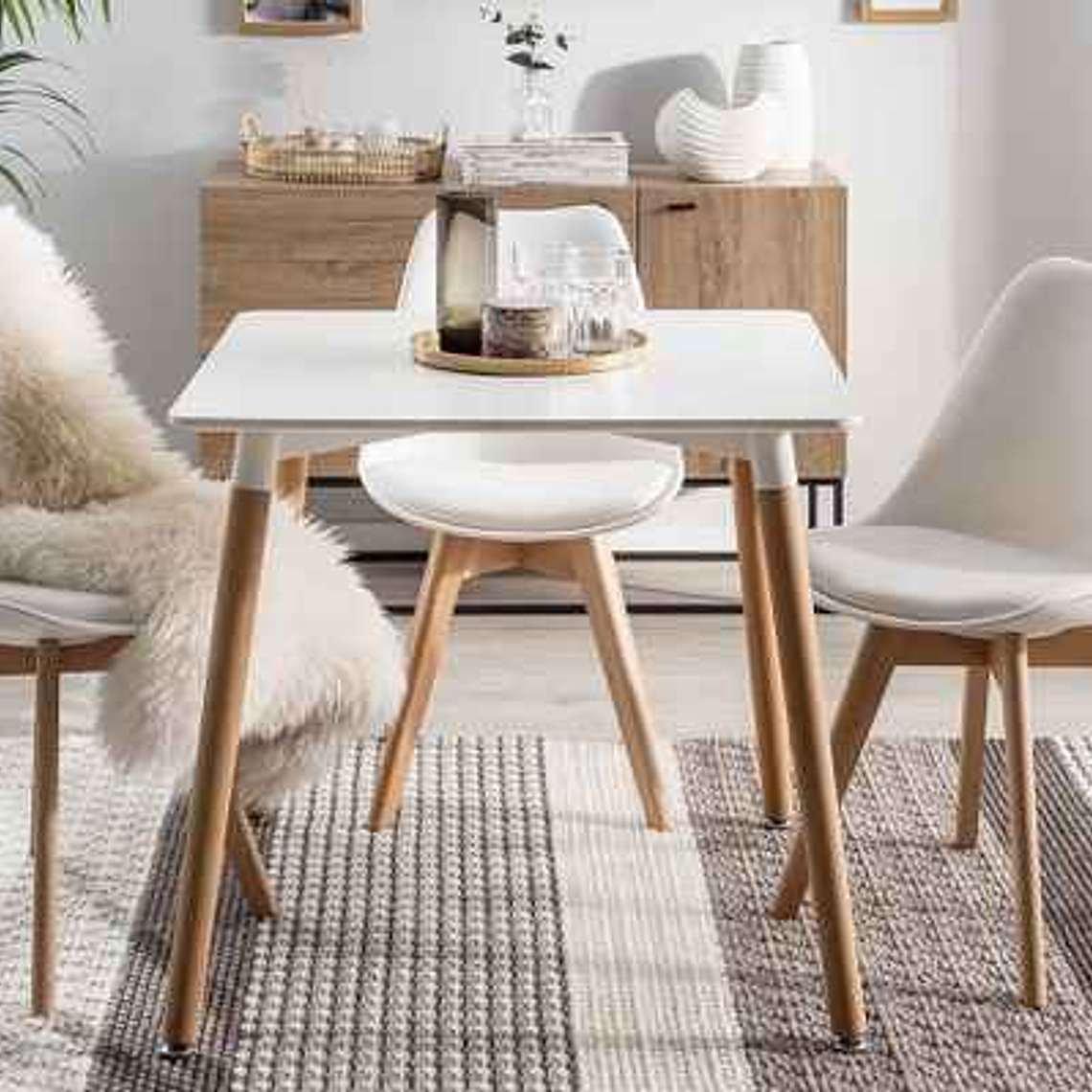 Comedor Mesa cuadrada blanca 80x80 cm con 3 Sillas Tulip Blancas 1