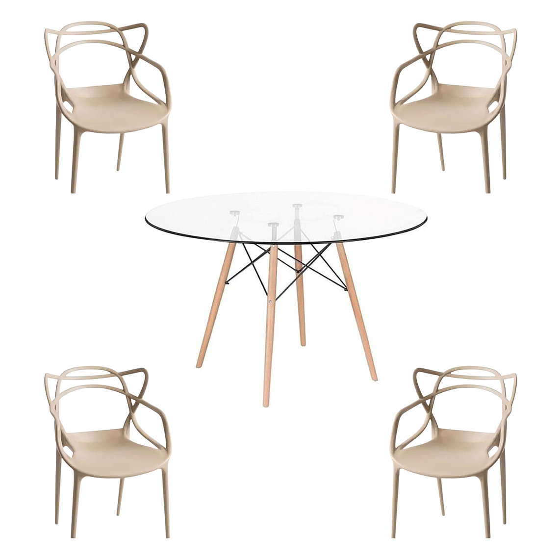 Comedor Sicilia redondo vidrio 100 cm con 4 Sillas Master 5