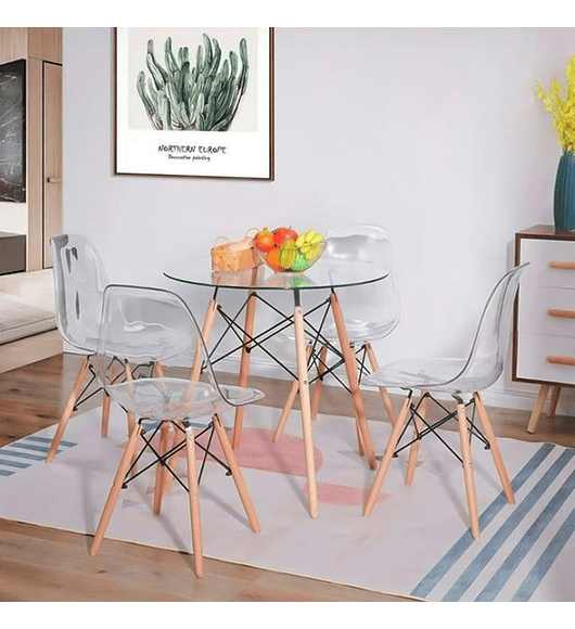 Comedor Napoles redondo vidrio 80 cm con 4 Sillas Eames transparentes 