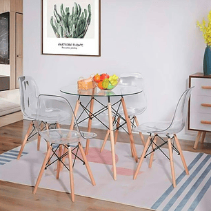 Comedor Napoles redondo vidrio 80 cm con 4 Sillas Eames transparentes 