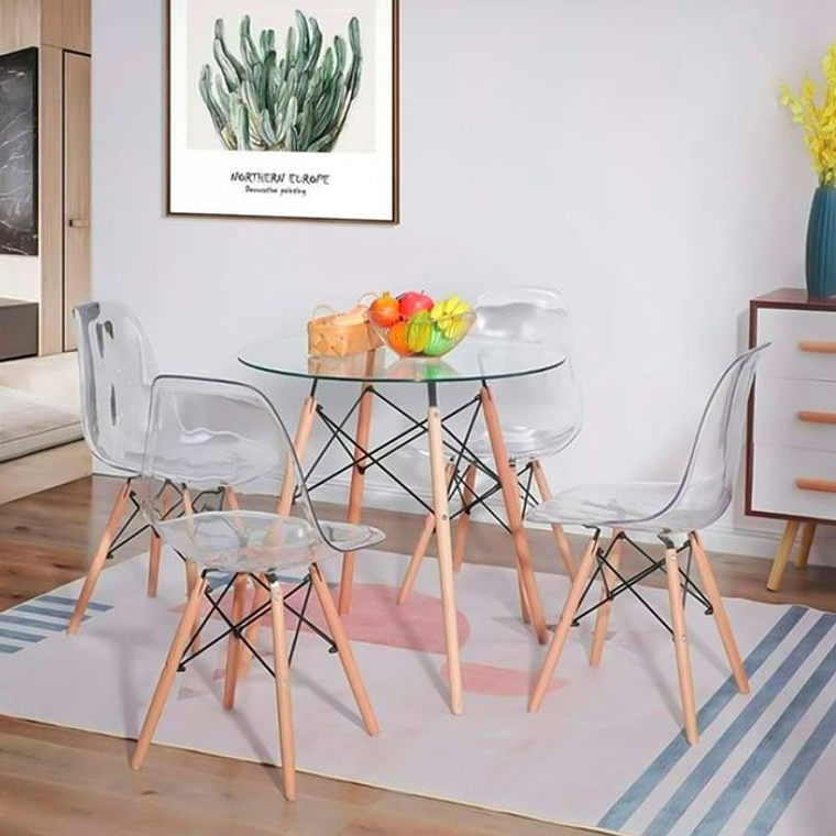 Comedor Napoles redondo vidrio 80 cm con 4 Sillas Eames transparentes  1