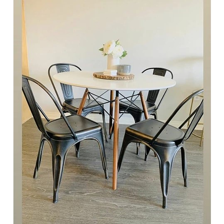 Comedor Corinto redondo blanco 100 cm con 4 Sillas Tolix 2