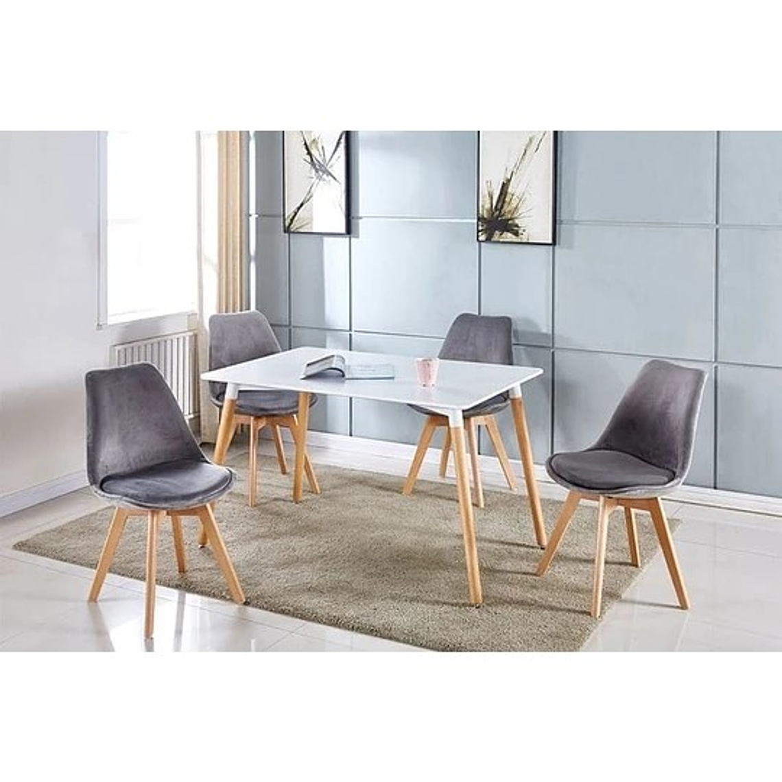 Comedor Farum rectangular blanco con 4 Sillas Tulip Velvet 1
