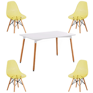 Comedor Kingston rectangular blanco con 4 Sillas Eames transparentes colores
