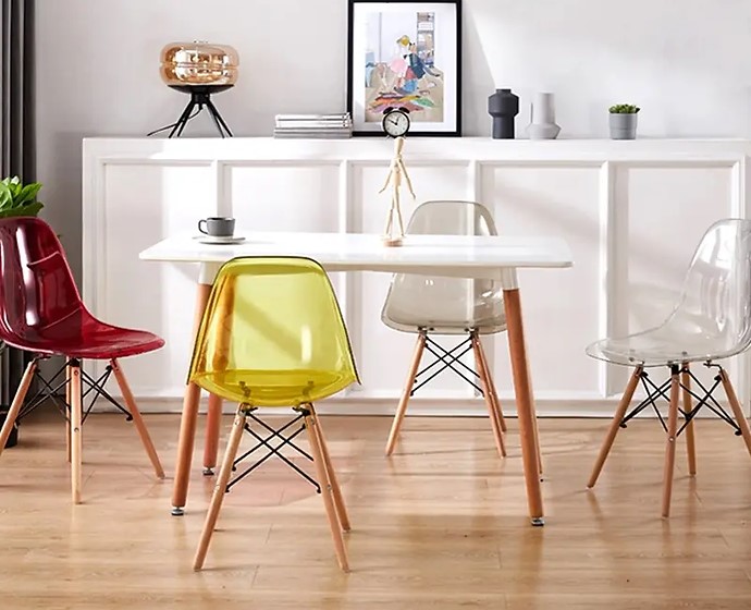 Comedor Mesa Eames rectangular blanco 120x80 cm con 4 Sillas Eames transparentes colores