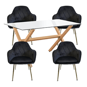 Comedor Munich rectangular vidrio 140x90 cm con 4 Sillas Diamond Gold