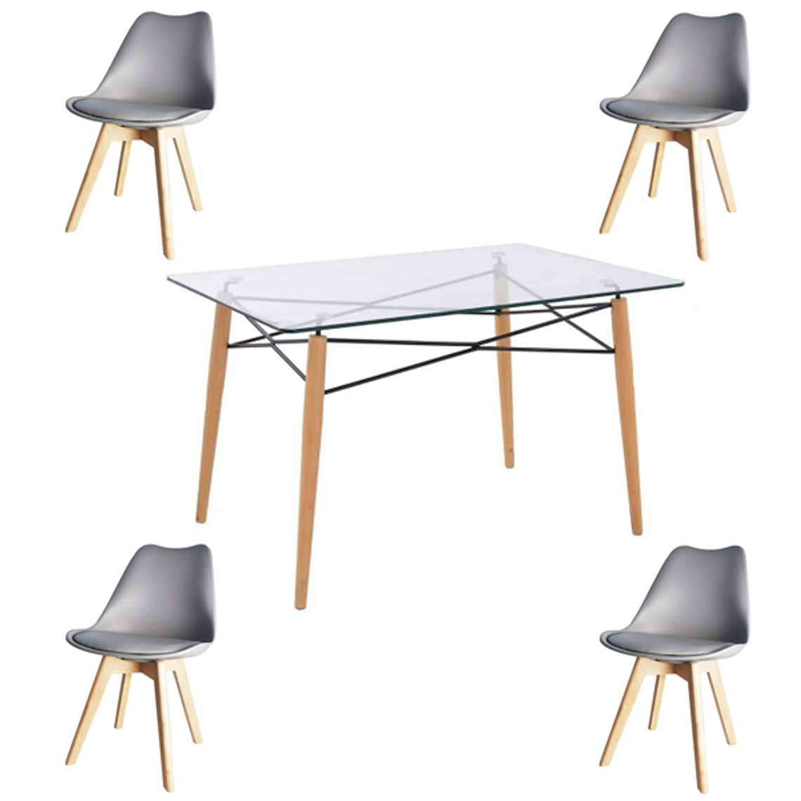 Comedor Yakarta rectangular vidrio 120x80 cm con 4 Sillas Tulip 4