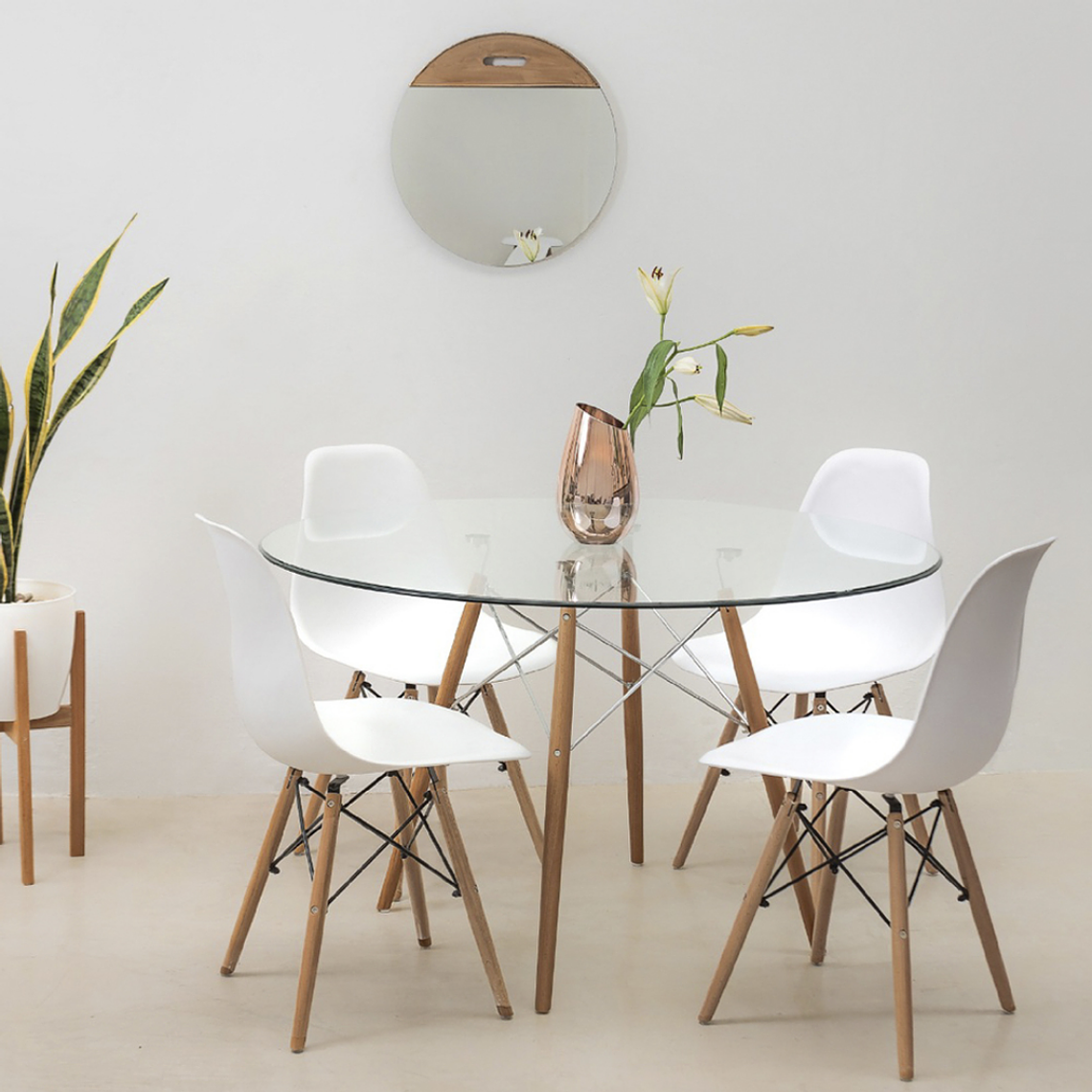 Comedor Málaga redondo vidrio 120 cm con 4 Sillas Eames 2