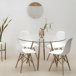 Comedor Málaga redondo vidrio 120 cm con 4 Sillas Eames