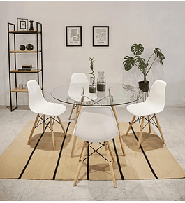 Comedor Málaga redondo vidrio 120 cm con 4 Sillas Eames