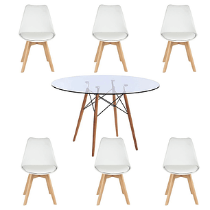Comedor Albi redondo vidrio 120 cm con 6 Sillas Tulip