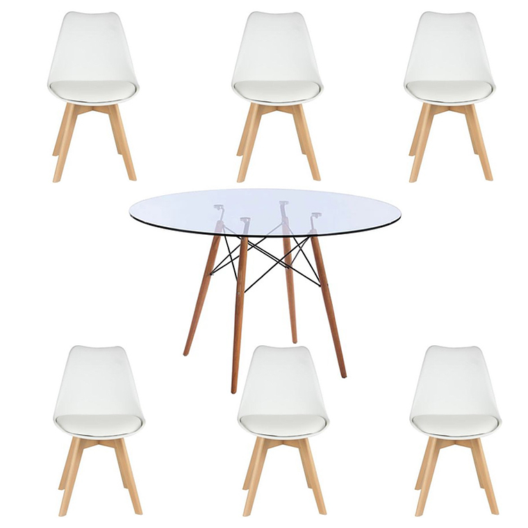 Comedor Albi redondo vidrio 120 cm con 6 Sillas Tulip 2