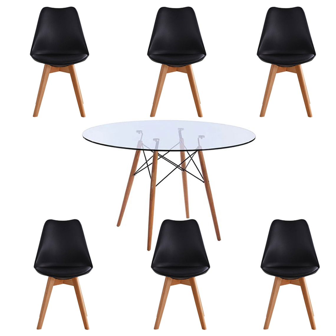 Comedor Albi redondo vidrio 120 cm con 6 Sillas Tulip 1