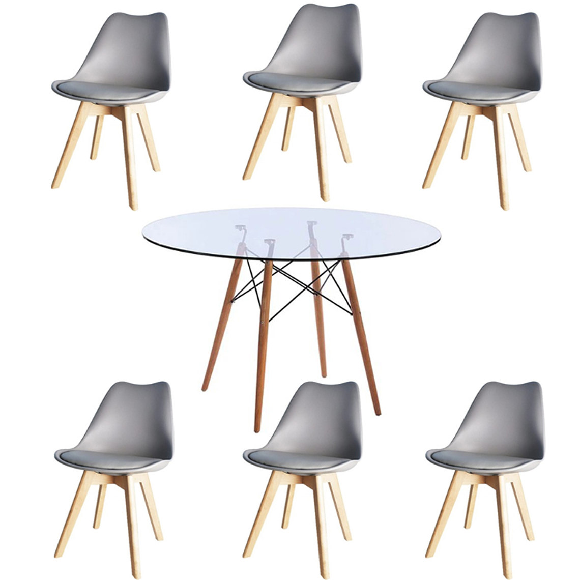 Comedor Albi redondo vidrio 120 cm con 6 Sillas Tulip 3