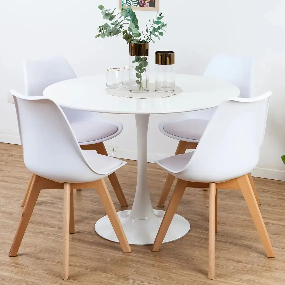 Comedor Ankara redondo blanco 100 cm con 4 Sillas Tulip 1