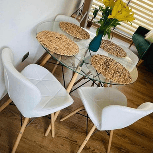 Comedor Viena redondo vidrio 100 cm con 4 Sillas Mariposas Rubik