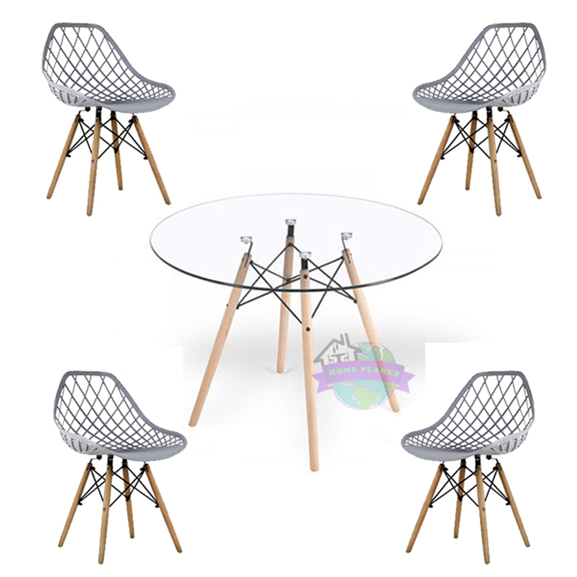 Comedor Palermo redondo vidrio 100 cm con 4 Sillas Mesh 3