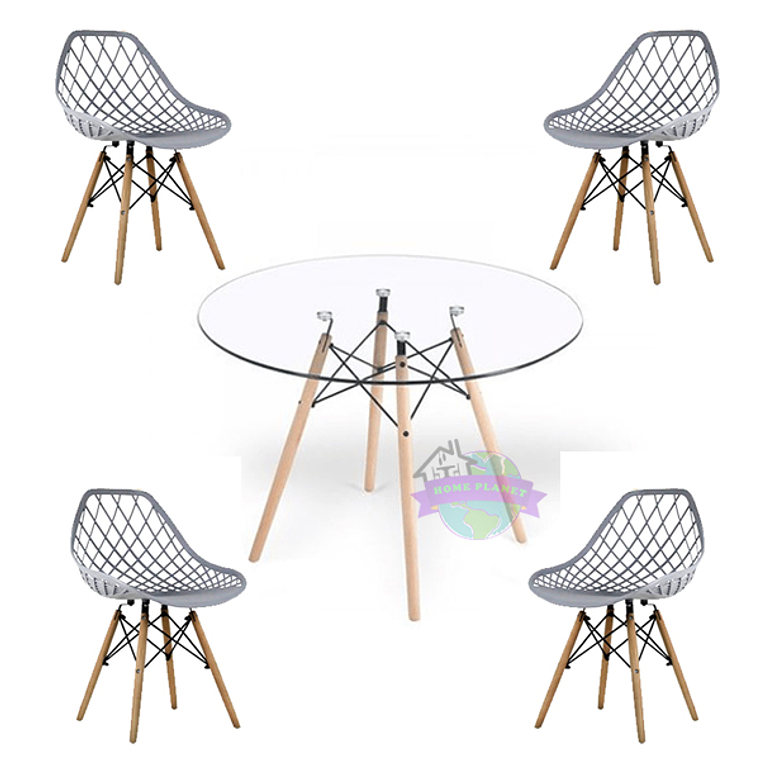 Comedor Palermo redondo vidrio 100 cm con 4 Sillas Mesh 3