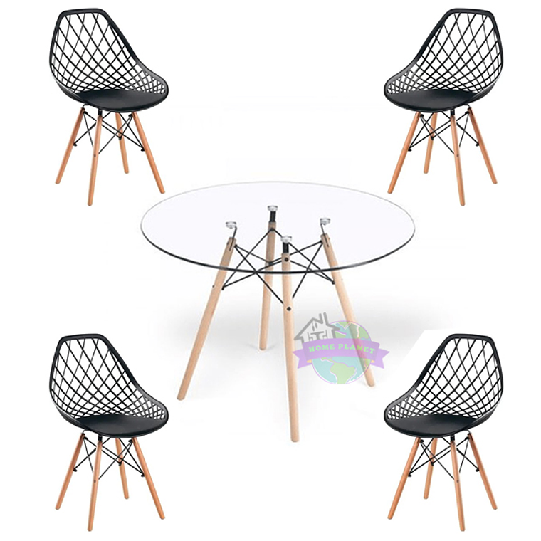 Comedor Palermo redondo vidrio 80 cm con 4 Sillas Mesh 1