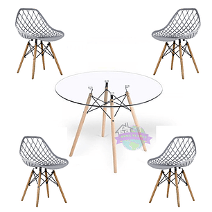 Comedor Palermo redondo vidrio 80 cm con 4 Sillas Mesh
