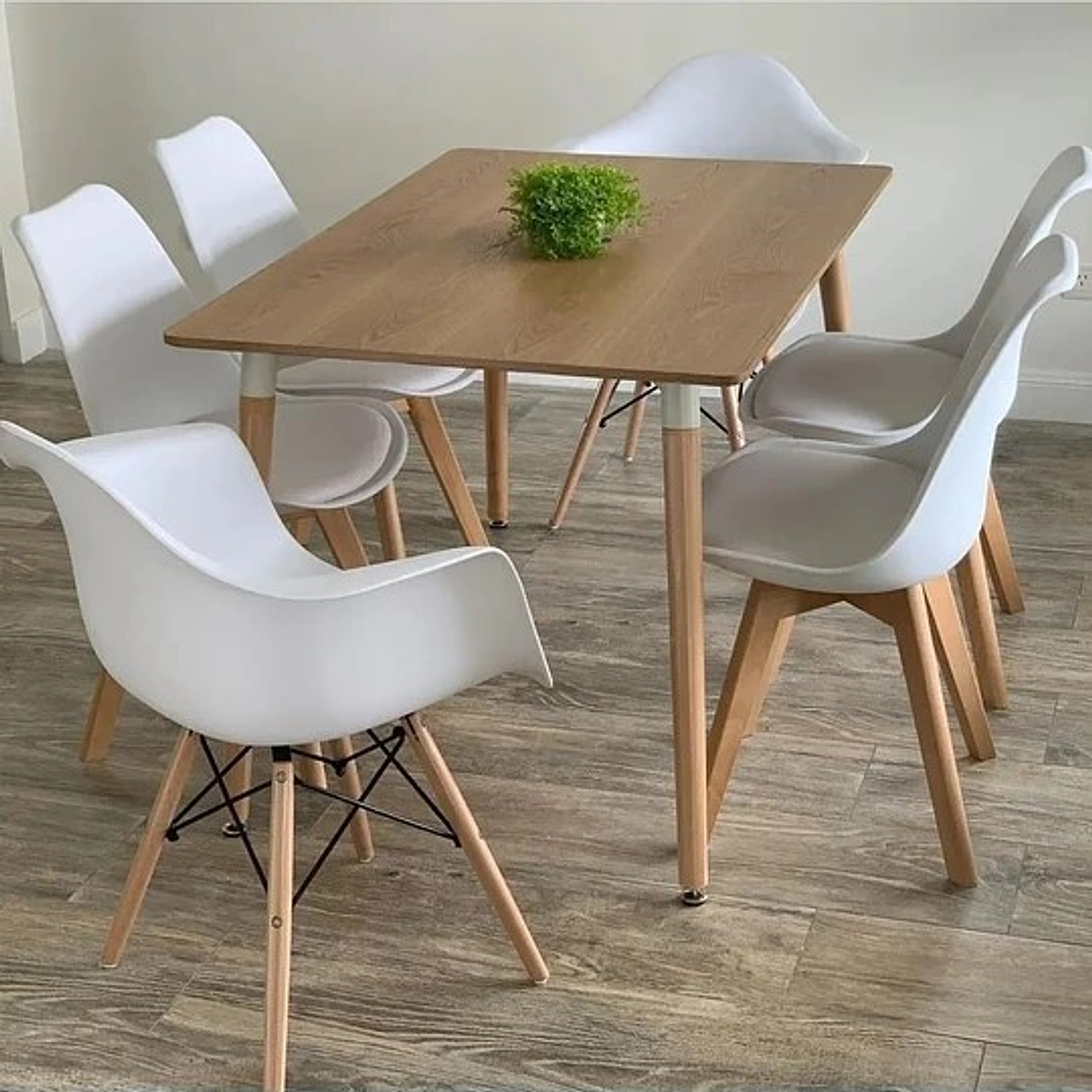 Comedor Birka rectangular 120x80 cm con 4 Sillas Tulip + 2 Butacas eames 2