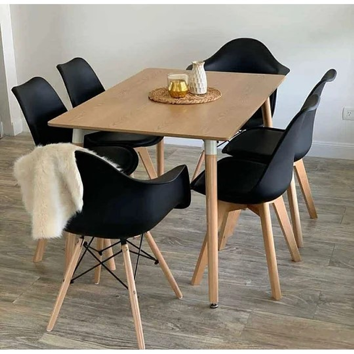 Comedor Birka rectangular 120x80 cm con 4 Sillas Tulip + 2 Butacas eames 1