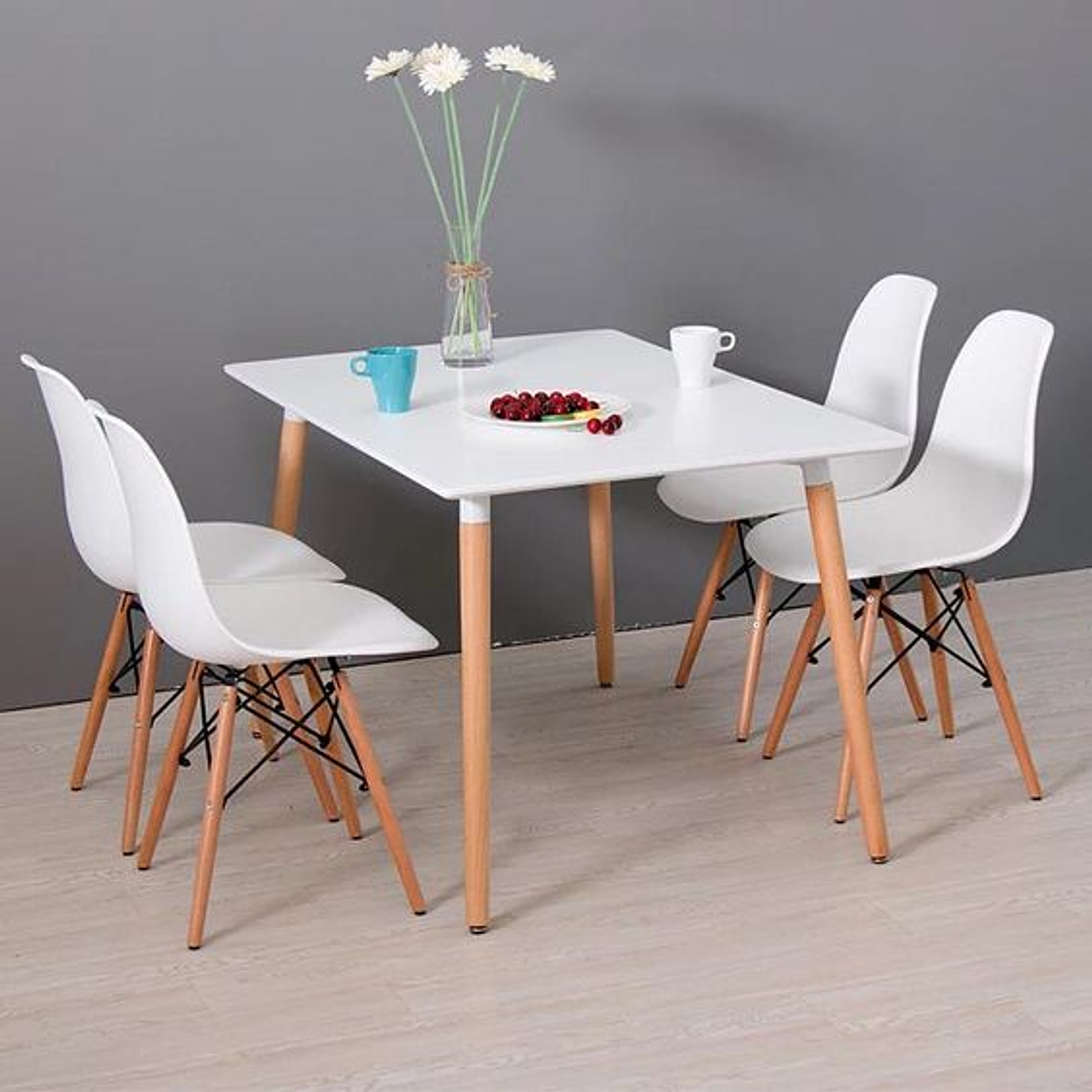 Comedor Helsinki rectangular blanco con 4 Sillas Eames 1