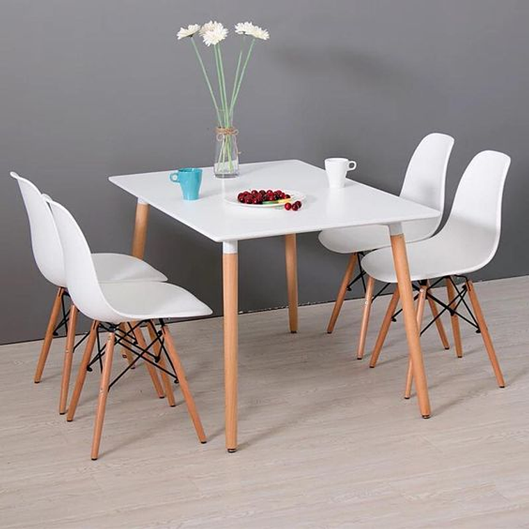 Comedor Helsinki rectangular blanco con 4 Sillas Eames 1