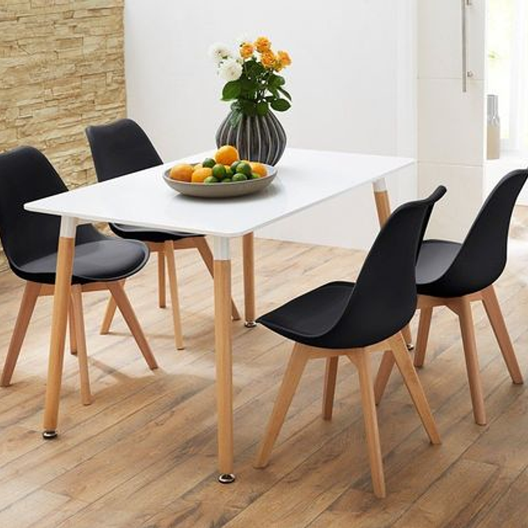 Comedor Atenas rectangular blanca 120x80 cm y 4 Sillas Tulip Negras 1