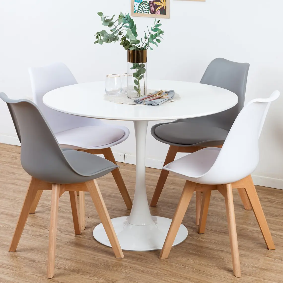 Comedor Ankara redondo blanco 100 cm con 4 Sillas Tulip 7