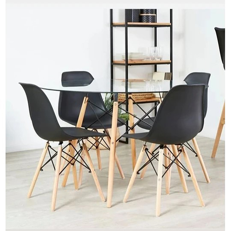 Comedor Málaga redondo vidrio 100 cm con 4 Sillas Eames 1