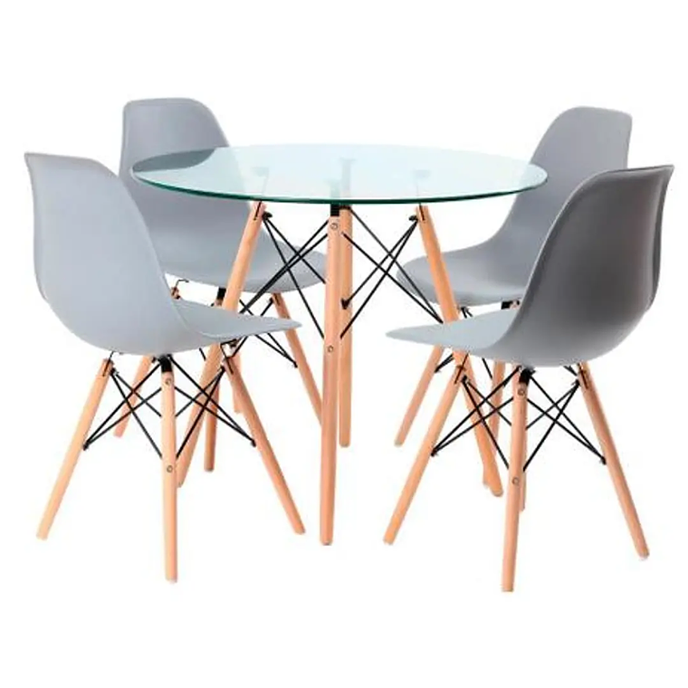 Comedor Málaga redondo vidrio 80 cm con 4 Sillas Eames 4