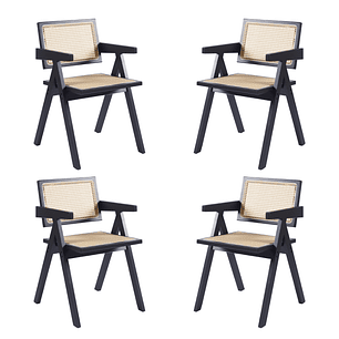 Pack 4 Sillas Chandigarh madera rattan negras