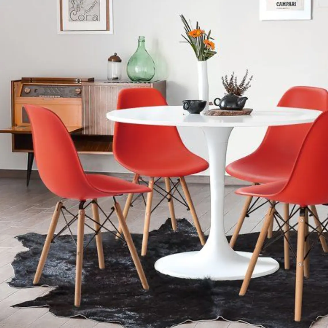 Comedor Siena redondo blanco 100 cm con 4 Sillas Eames 8