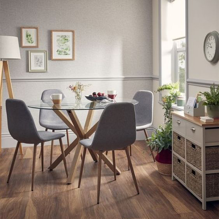 Comedor Saint redondo vidrio 120 cm con 4 Sillas Spoon Lino 1