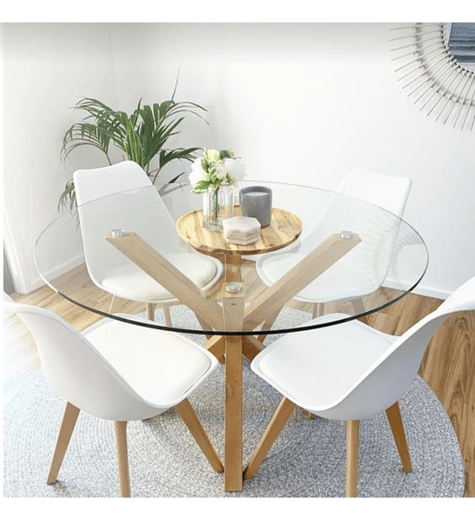 Comedor Jena redondo vidrio 120 cm con 4 Sillas Tulip